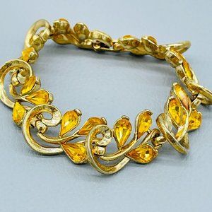Vintage Crown Trifari Yellow Rhinestone Floral Gold Tone Bracelet